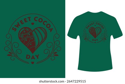 Uma maquete de camiseta verde exibe um design circular com a frase "Sweet Cocoa Day" (Dia do Cacau Doce) e uma forma de coração decorada.