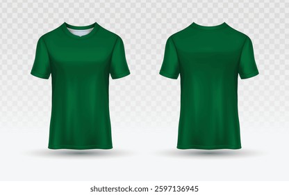 Green T-Shirt Mockup Vector: Front and Back Views, Light Checkered Background, Realistic Fabric Texture, Short Sleeves, Round Neckline, Apparel Design Template, Transparent Element, Minimalist Style.