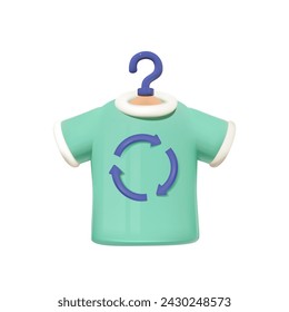 Green T-shirt with recycling symbol on hanger on white background. 3D vector icon of sustainability or recycled clothing. Reselling used apparel.