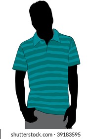 Green T-shirt with stripes.