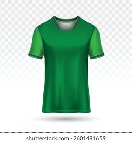 Green T-shirt vector with realistic mockup and dark gray trim on a transparent background. 3D T-shirt and apparel design, perfect for clothing templates, vector illustrations, or sportswear mockups