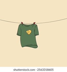 Green t-shirt with yellow heart print drying on a clothesline attached with clothespins, Hand drawn color illustration, Vector doodle