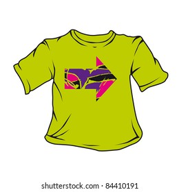 Green T-shirts with a pattern of decorative arrow, isolated on a white background. 
