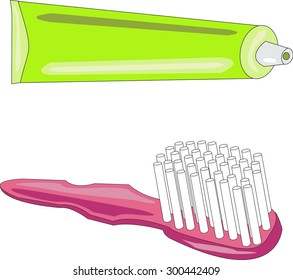 Green tube of toothpaste with a red toothbrush