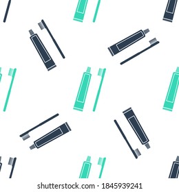 Green Tube of toothpaste and toothbrush icon isolated seamless pattern on white background. Vector.