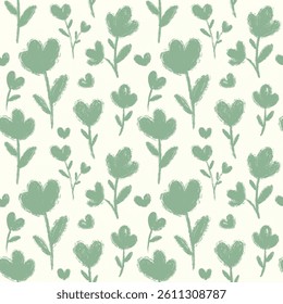 green tulips seamless pattern. hand drawn chalk textured flowers pattern illustration. design for fabric, wallpaper, wrapping paper, and print