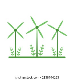 Green turbine wind (windmill) generate electricity clean power energy with green grass on white background flat vector icon design.
