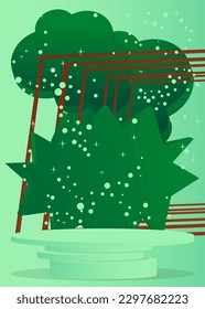Escaparate de escenario verde, turquesa y marrón para la presentación. Cilindro de mordaza podio peatonal. Resumen de la visualización realista del producto vectorial.