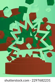 Green, Turquoise and brown stage showcase for presentation. Mockup cylinder pedestal podium. Abstract realistic vector product display.