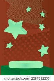 Escaparate de escenario verde, turquesa y marrón para la presentación. Cilindro de mordaza podio peatonal. Resumen de la visualización realista del producto vectorial.