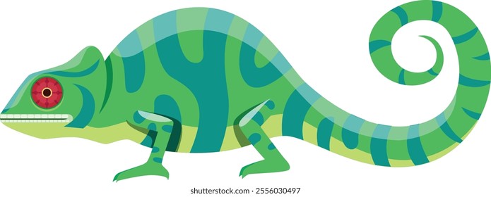 Green and turquoise chameleon walking slowly with its characteristic curled tail, displaying vibrant colors and unique eyes, embodies the beauty of exotic wildlife and nature