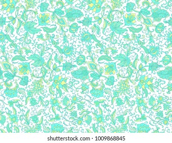 Green - turquoise ethnic seamless vector floral pattern on white background