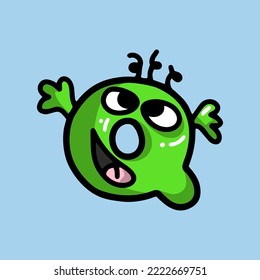 green turquoise funny letter Q  in the form of a monster with a face and tongue, cheerful playful and surprised, with shadow and highlights, doodle