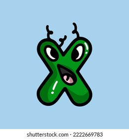green turquoise funny letter X  in the form of a monster with a face and tongue, cheerful playful and surprised, with shadow and highlights, doodle