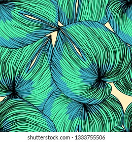 Green turquoise monstera leaves tropical pattern. Tropical seamless pattern with leaf monstera.