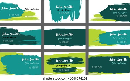 Green, Turquoise Paint Shop Business Cards Template. Oil Paint Corporate Identity Texture Design. Brushstroke Stripes Business Cards Template Set. Retro Hipster Banners, Ads Horizontal Background.