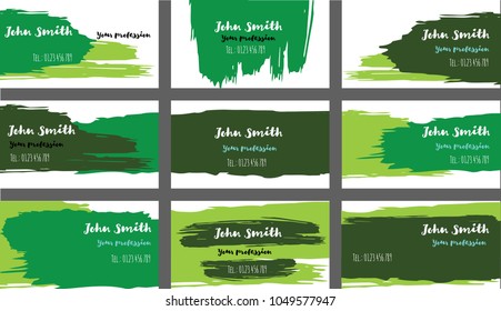 Green, Turquoise Painted Vector Business Cards Template. Oil Paint Corporate Identity Texture Design. Brushstroke Stripes Business Cards Template Set. Future Hipster Banner, Ads Horizontal Cool Prints