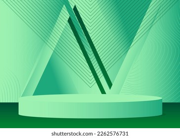 Green and Turquoise Sci-fi pedestal podium. Realistic product display. Mockup stage showcase. Futuristic vector 3D room with minimal geometric forms, empty scene.