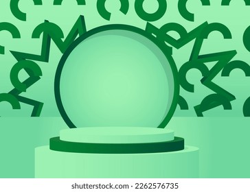 Green and Turquoise Sci-fi pedestal podium. Realistic product display. Mockup stage showcase. Futuristic vector 3D room with minimal geometric forms, empty scene.