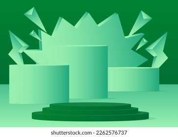 Green and Turquoise Sci-fi pedestal podium. Realistic product display. Mockup stage showcase. Futuristic vector 3D room with minimal geometric forms, empty scene.