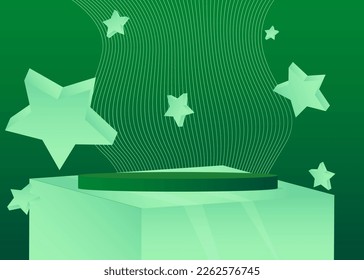 Green and Turquoise Sci-fi pedestal podium. Realistic product display. Mockup stage showcase. Futuristic vector 3D room with minimal geometric forms, empty scene.