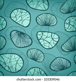 Green turquoise seamless background with decorative stones and shells. Can use for arts, cards, textile, wallpapers, web pages