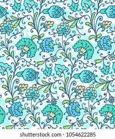 Green - turquoise seamless ethnic vector floral pattern