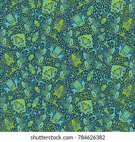 Green - turquoise seamless vector floral pattern on dark background