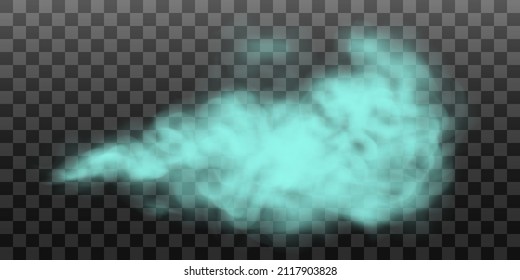 Green or turquoise  smoke, fog  or gas clouds.  Realistic vector illustration isolated on transparent background.