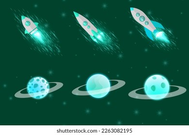Green turquoise or teal planets in outer space with satellites, falling meteor and asteroids in dark starry sky. Galaxy, cosmos, universe futuristic fantasy