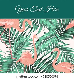 Green turquoise tropical jungle palm tree leaves. Pink exotic flamingo birds. Print card promo poster template. Emerald deep green stripe with text placeholder on top. Vector design illustration.
