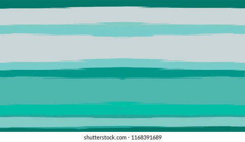 Green, Turquoise Vector Watercolor Sailor Stripes Cool Seamless Summer Pattern. Horizontal Brushstrokes Trace Vintage Grunge Textile Clothe Design. Ink Painted Doodle Trace, Geometric Uneven Print