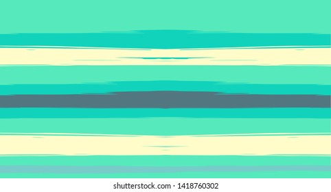 Green, Turquoise Vector Watercolor Sailor Stripes Cute Seamless Summer Pattern. Horizontal Brushstrokes Retro Vintage Grunge Fabric Fashion Design. Hand Painted Ink Lines, Geometric Track Prints