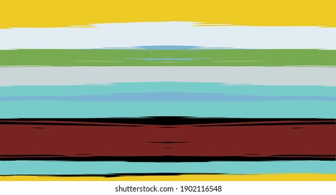 Green, Turquoise Vector Watercolor Sailor Stripes Trendy Seamless Summer Pattern. Horizontal Brushstrokes Retro Vintage Grunge Textile Clothe Design. Ink Painted Doodle Trace, Geometric Track Prints