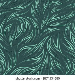 Green and turquoise waves on a Tidewater Green background seamless vector pattern. Wave stream or flow. Abstract texture from smooth brush strokes with corners.