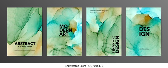 Green, turquoise and yellow ink vcetor textures backgrounds set. Ink colors are amazingly bright, luminous, translucent, free-flowing. Abstract backdrop with text space. Paint mixing, fluid art. 