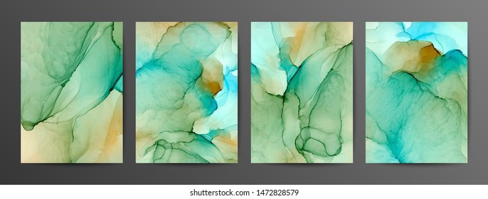 Green, turquoise and yellow ink vector textures backgrounds set. Ink colors are bright, luminous, translucent, free-flowing. Paint mixing, fluid art. Modern art book, magazine cover, poster