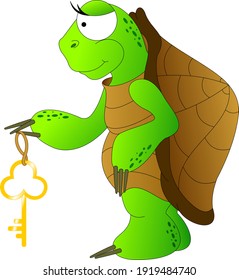 green turtle with brown shell, holding a key in his hands