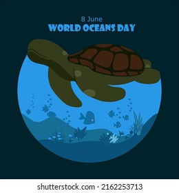 Green turtle cartoon design as a greeting icon for world ocean day. vector illustration