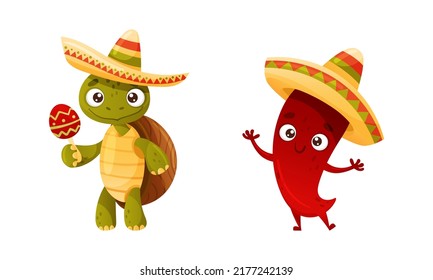 Green Turtle and Chilli Pepper in Sombrero Hat Playing Maraca as Mexican Culture Symbols Vector Set