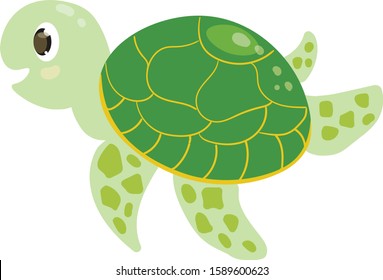 Green turtle , cute, cartoon, vector character isolated on white . Concept for print, logo, web design