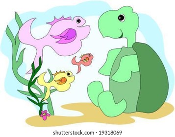 Green Turtle and Fish Friends Vector