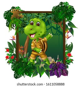 Green Turtle In Forest With Tropical Plant Flower In Wood Square Frame Cartoon