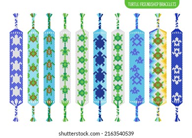 Green turtle handmade friendship bracelets set of threads or beads. Macrame normal pattern tutorial. Vector cartoon isolated illustration.