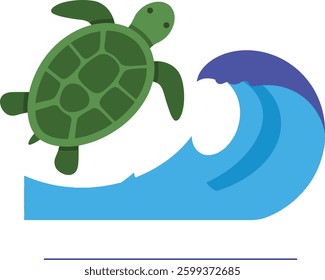 A green turtle leaps energetically above stylized blue waves, creating a dynamic scene that conveys a sense of freedom and joy in a coastal environment.