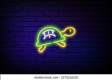 Green Turtle neon light icon. Slow moving reptile with scaly shell. Underwater animal. Oceanography and zoology. Marine fauna. Glowing sign with alphabet, numbers and symbols. Vector illustration