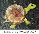 Green turtle on a dark textured background. Turtle with a large shell. Vector illustration