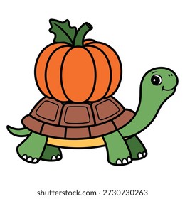 Tortuga verde con calabaza naranja en tortuga de concha