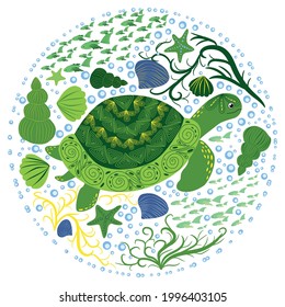Green turtle in Scandinavian style with painted shell pattern hand drawn, among seaweed, starfish, seashells, fish