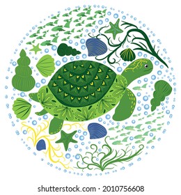 Green turtle in Scandinavian style with painted shell pattern hand drawn, among seaweed, starfish, seashells, fish